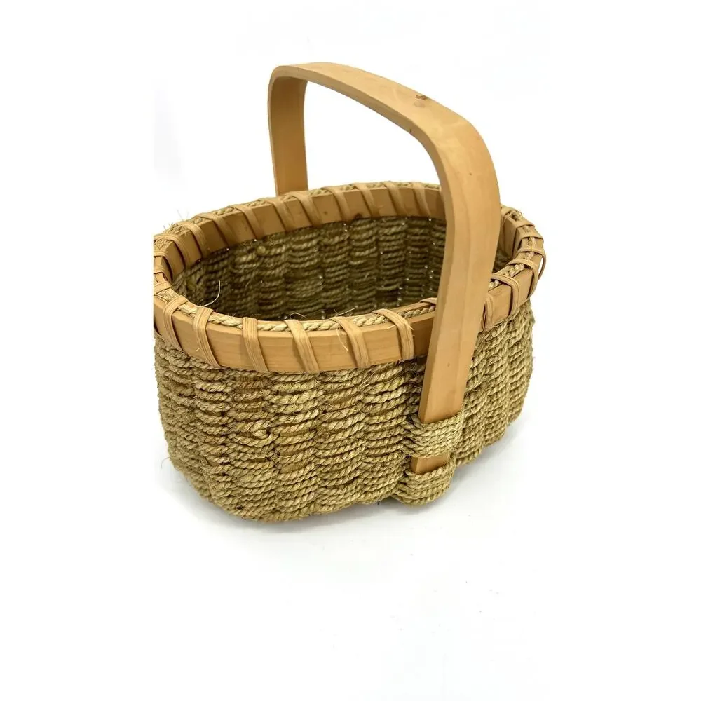 Hand Woven Handmade Wicker and Jute Basket with Handle Vintage